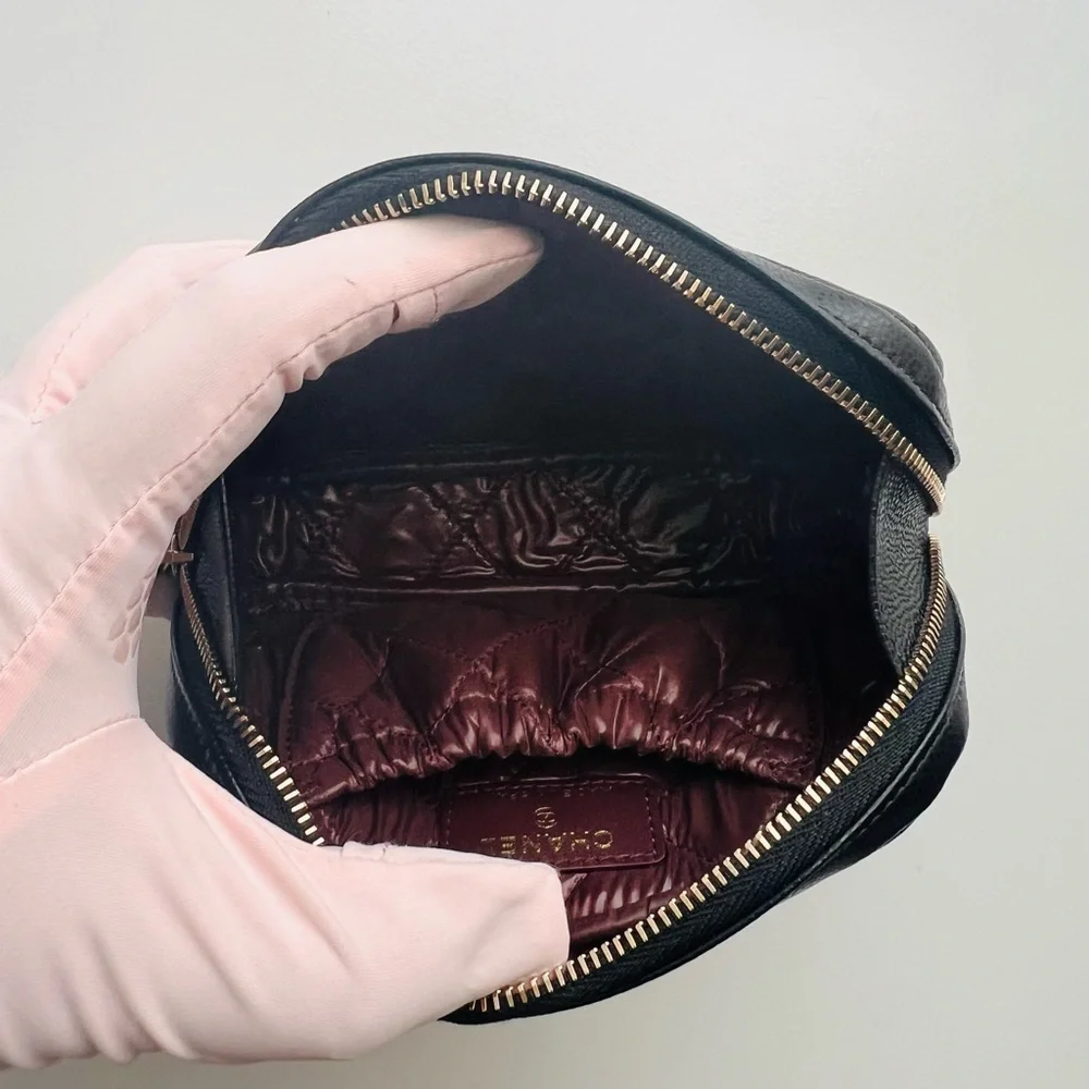 CHANEL Black Quilted Leather Cosmetic Pouch with Gold CC Logo
